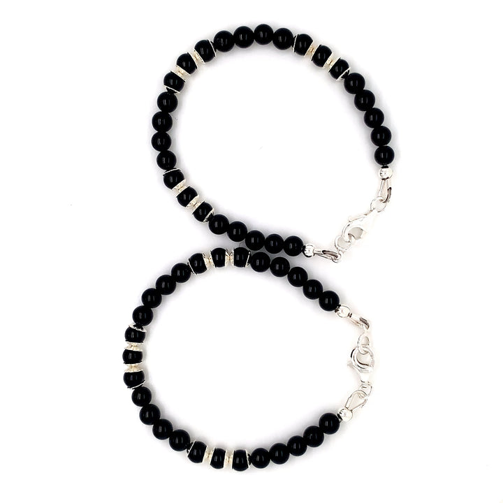 4mm Onyx Silver Sterling Flower Cap Kids Bracelet-1pair