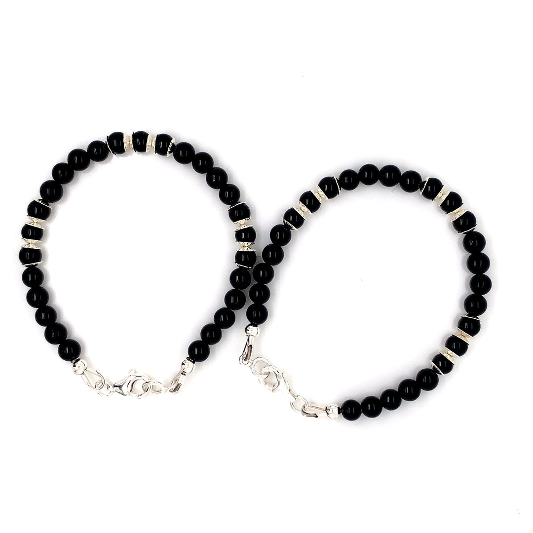 4mm Onyx Silver Sterling Flower Cap Kids Bracelet-1pair