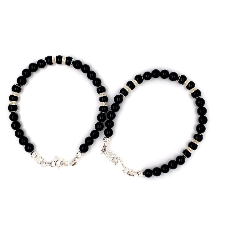 4mm Onyx Silver Sterling Flower Cap Kids Bracelet-1pair