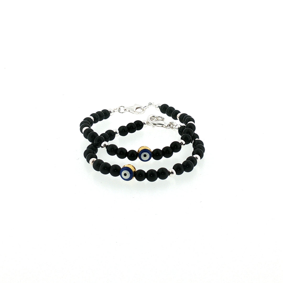 4mm Onyx Sterling Silver Kids Bracelet with Evil Eye-1pair