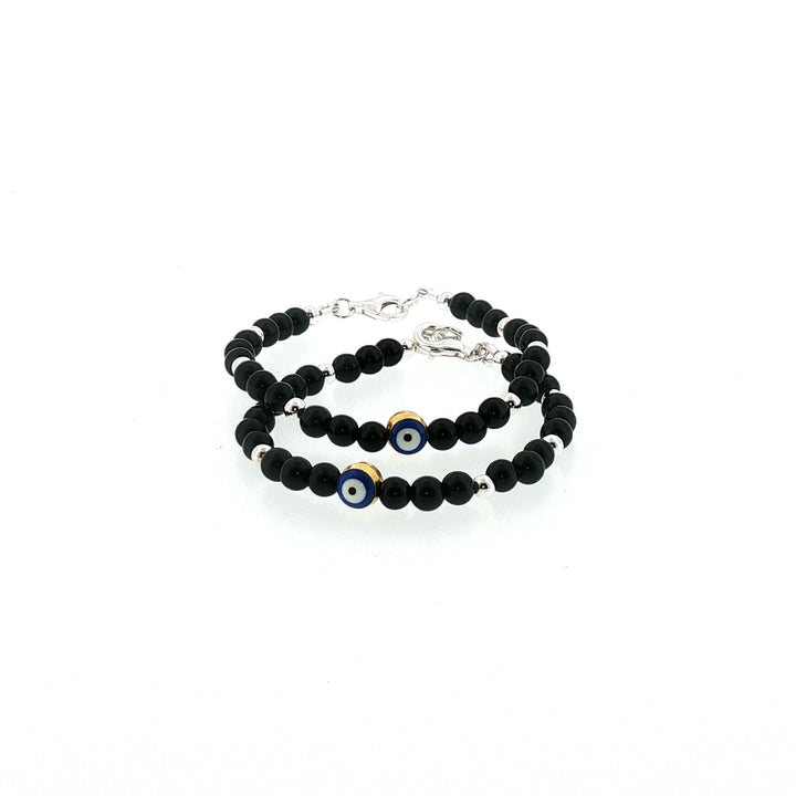 4mm Onyx Sterling Silver Kids Bracelet with Evil Eye-1pair