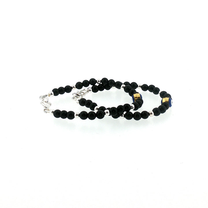 4mm Onyx Sterling Silver Kids Bracelet with Evil Eye-1pair