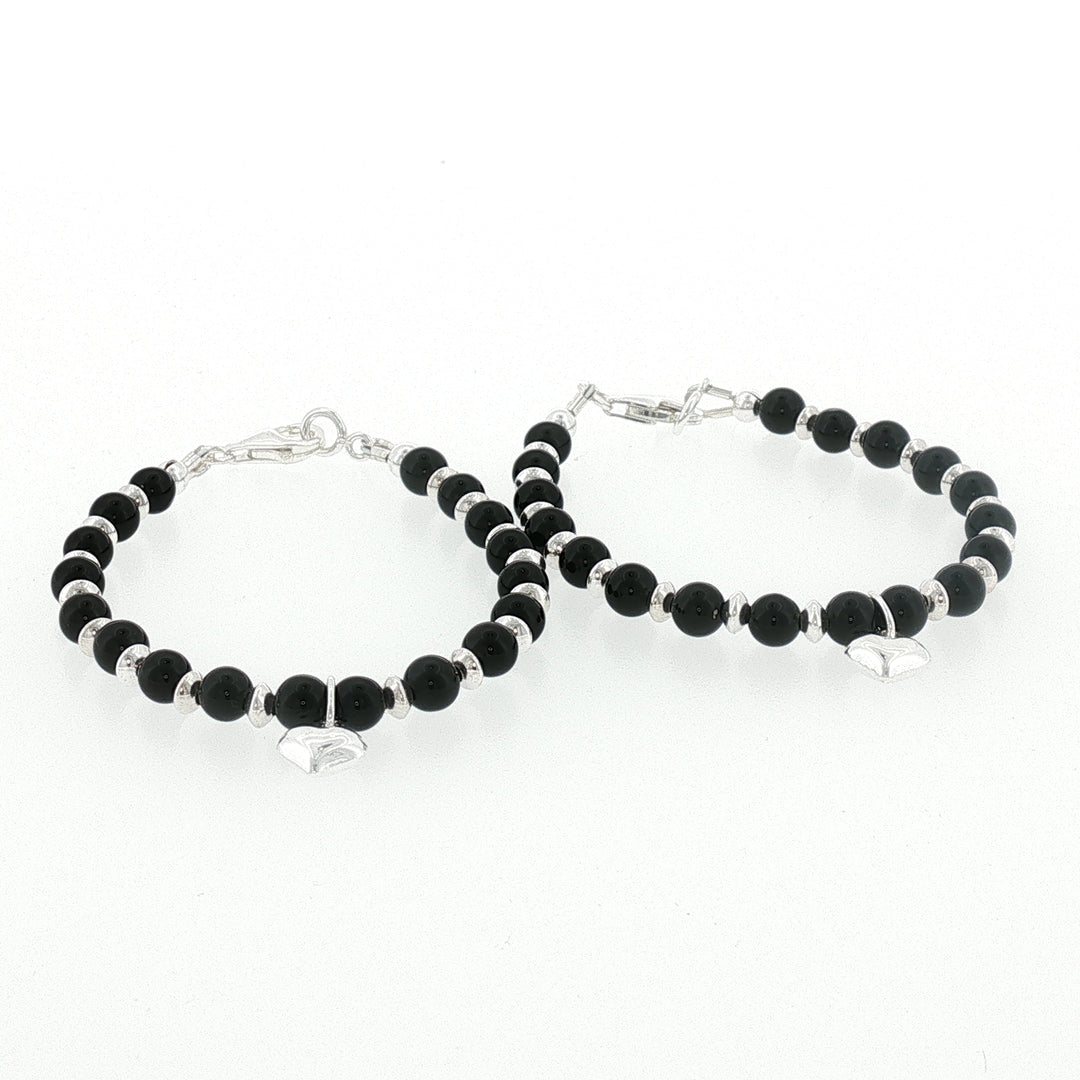 4mm Onyx Heart Charm Kids Bracelet-13cm
