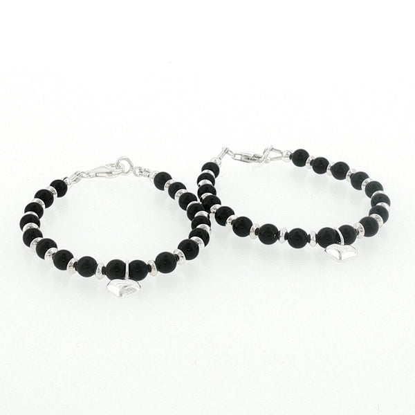 4mm Onyx Heart Charm Kids Bracelet-13cm