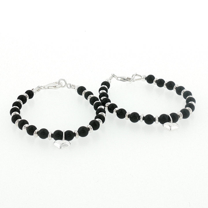 4mm Onyx Heart Charm Kids Bracelet-13cm