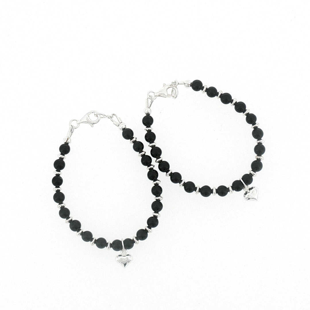 4mm Onyx Heart Charm Kids Bracelet-13cm