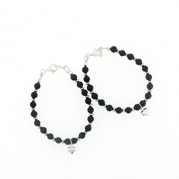4mm Onyx Heart Charm Kids Bracelet-13cm