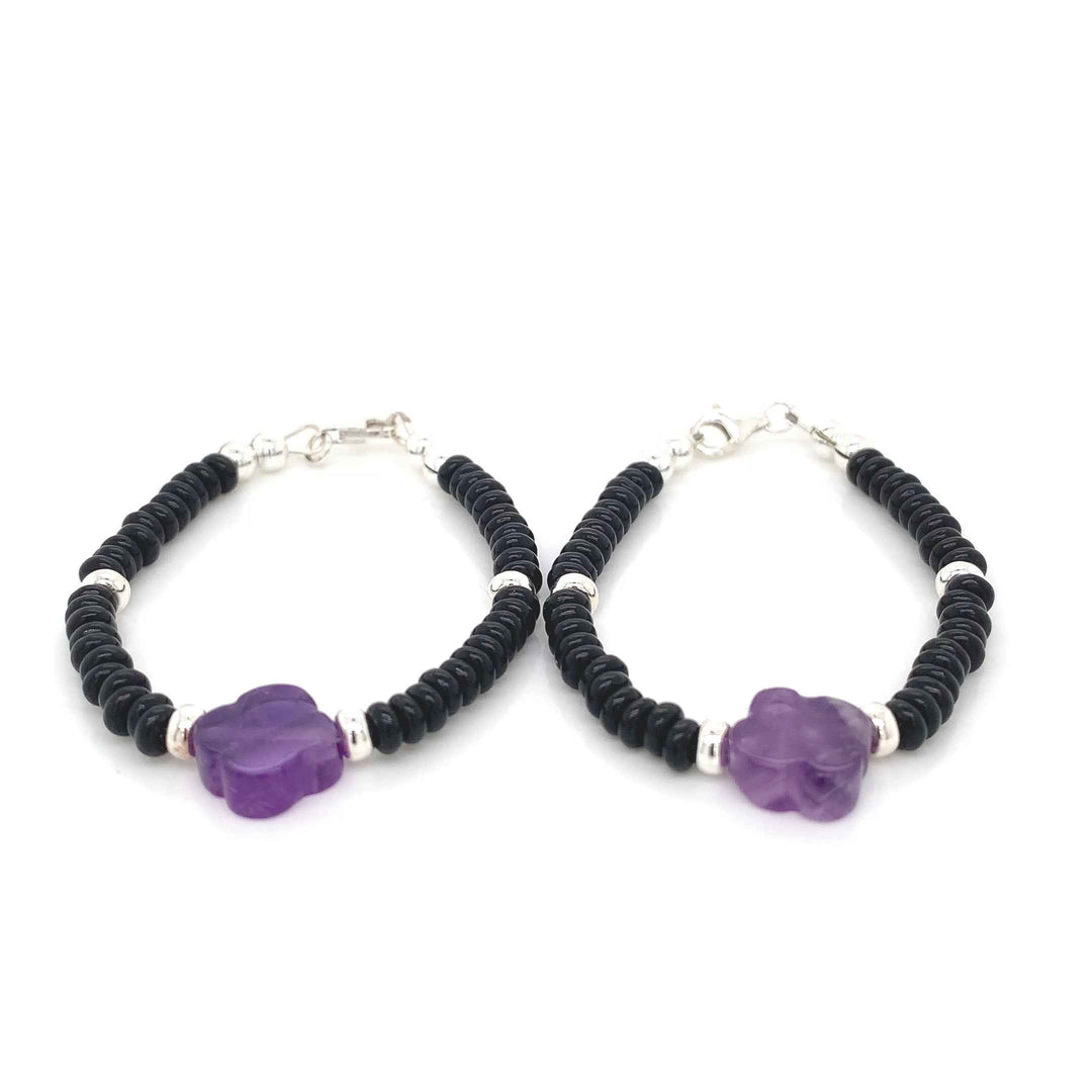 4mm Roundel Onyx Sterling Silver Amethyst Clover Bracelet-1pair