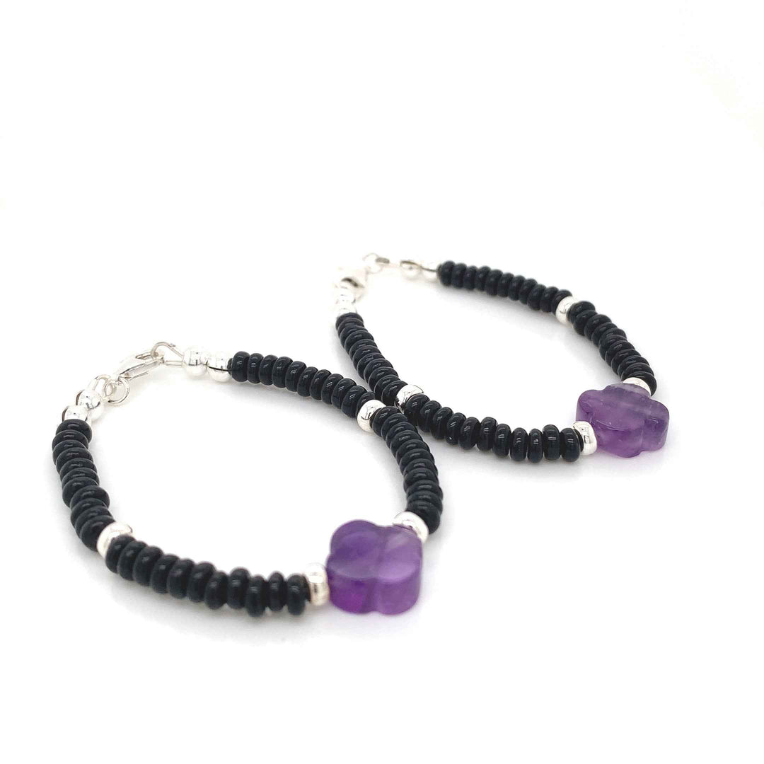 4mm Roundel Onyx Sterling Silver Amethyst Clover Bracelet-1pair