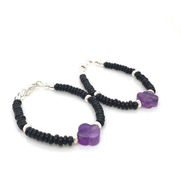 4mm Roundel Onyx Sterling Silver Amethyst Clover Bracelet-1pair
