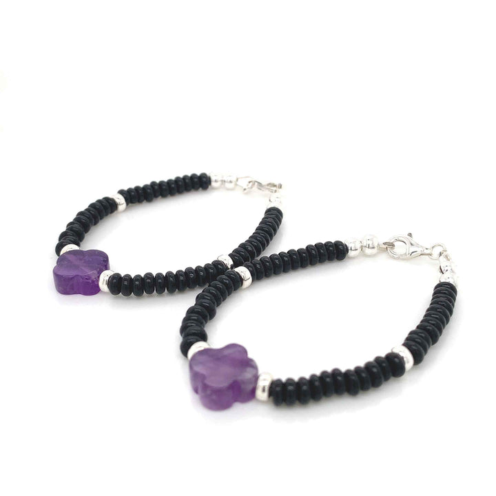 4mm Roundel Onyx Sterling Silver Amethyst Clover Bracelet-1pair