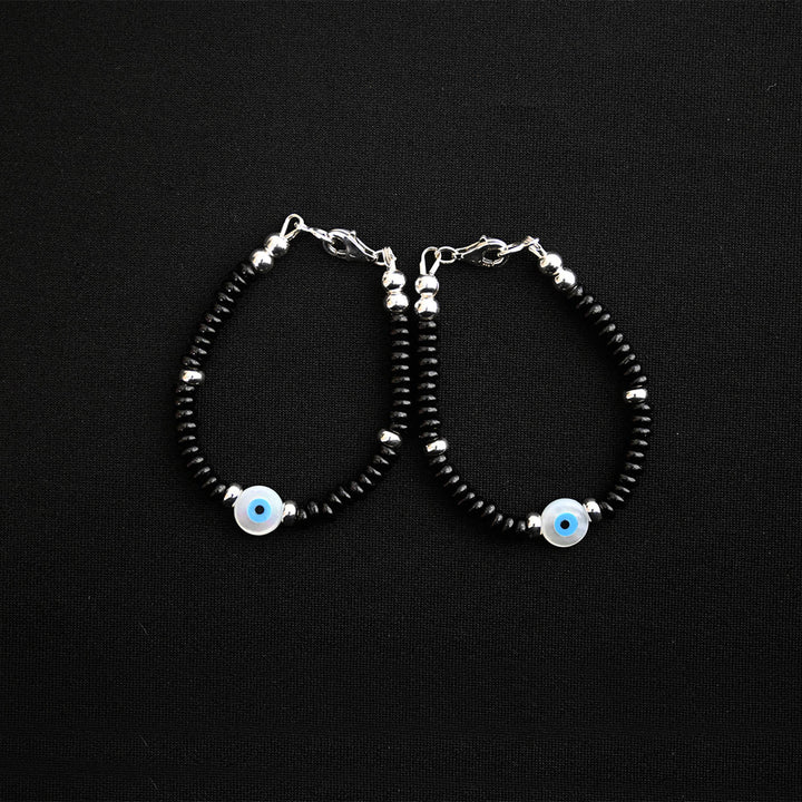 4mm Rondel Onyx Sterling Silver Bracelet with Mother of Pearl Evil eye-1pc
