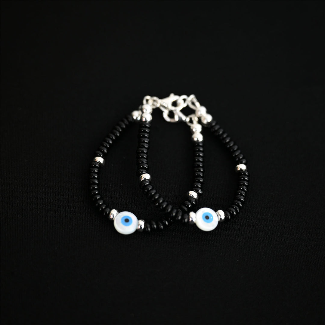 4mm Rondel Onyx Sterling Silver Bracelet with Mother of Pearl Evil eye-1pc