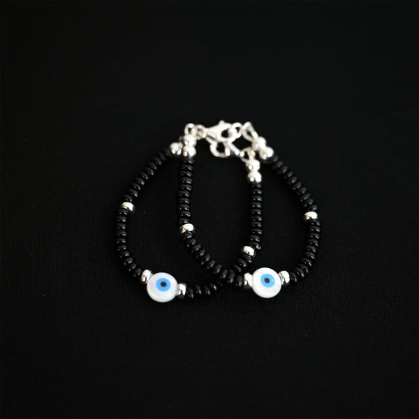 4mm Rondel Onyx Sterling Silver Bracelet with Mother of Pearl Evil eye-1pc