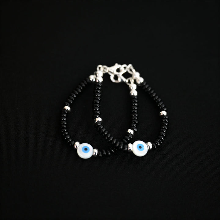 4mm Rondel Onyx Sterling Silver Bracelet with Mother of Pearl Evil eye-1pc