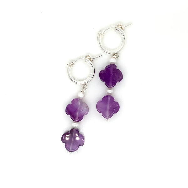 Sterling Silver Huggie Dangler with Clover Amethyst and FWP Earring-1pair