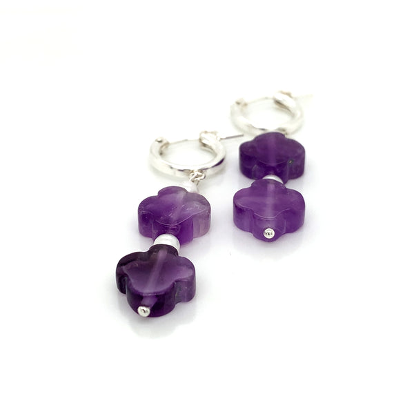 Sterling Silver Huggie Dangler with Clover Amethyst and FWP Earring-1pair