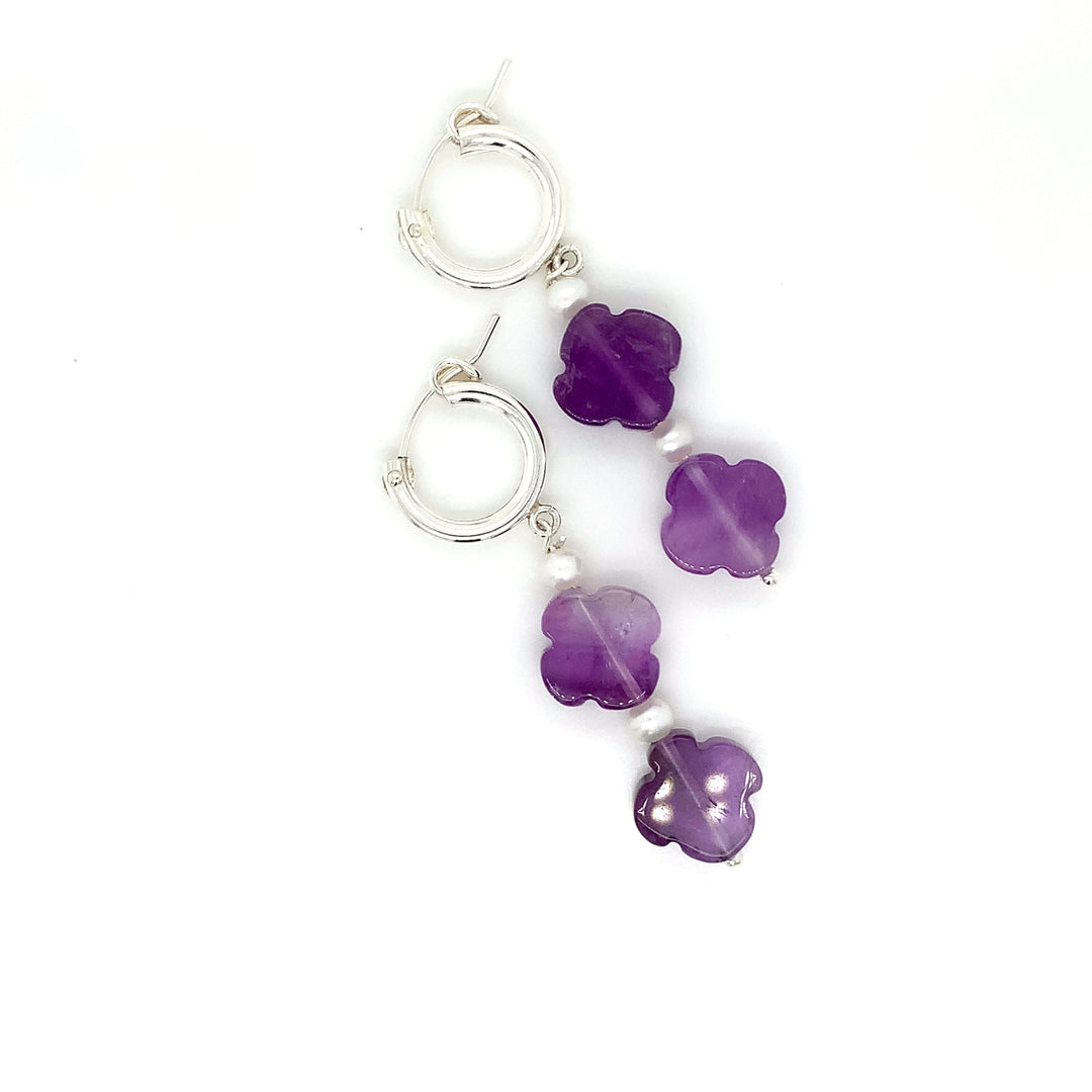 Sterling Silver Huggie Dangler with Clover Amethyst and FWP Earring-1pair