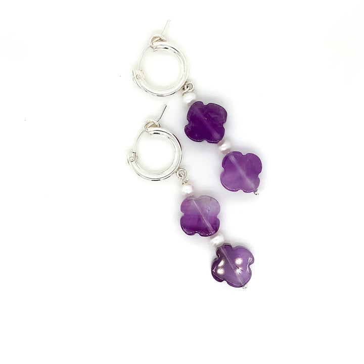 Sterling Silver Huggie Dangler with Clover Amethyst and FWP Earring-1pair