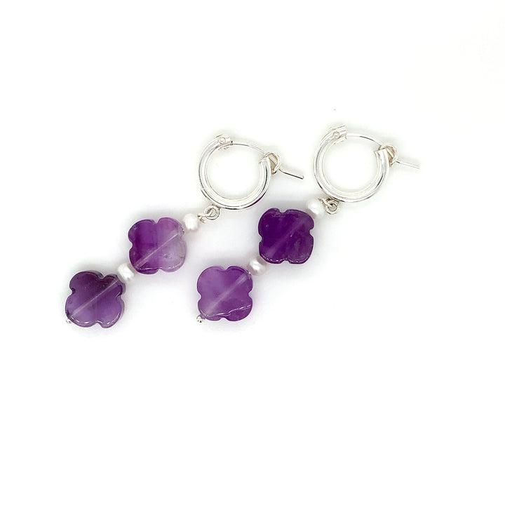 Sterling Silver Huggie Dangler with Clover Amethyst and FWP Earring-1pair
