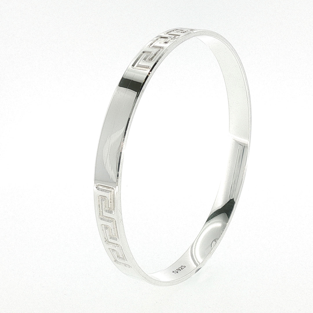 Sterling Silver Greek Key Engraved Solid Bangle with internal Diameter 68mm