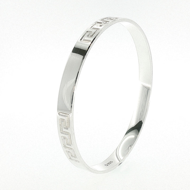 Sterling Silver Greek Key Engraved Solid Bangle with internal Diameter 68mm