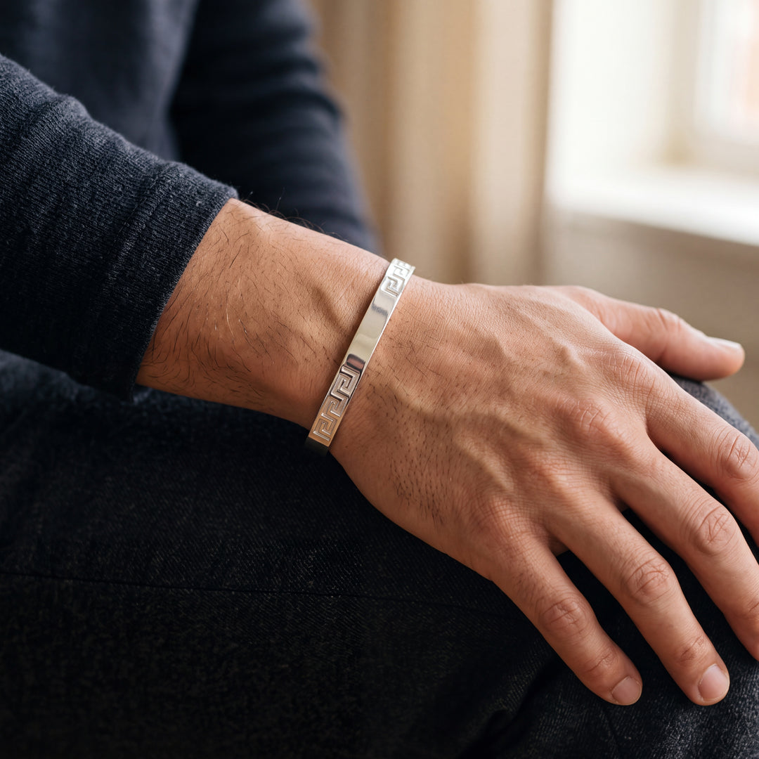 Sterling Silver Greek Key Engraved Solid Bangle with internal Diameter 68mm