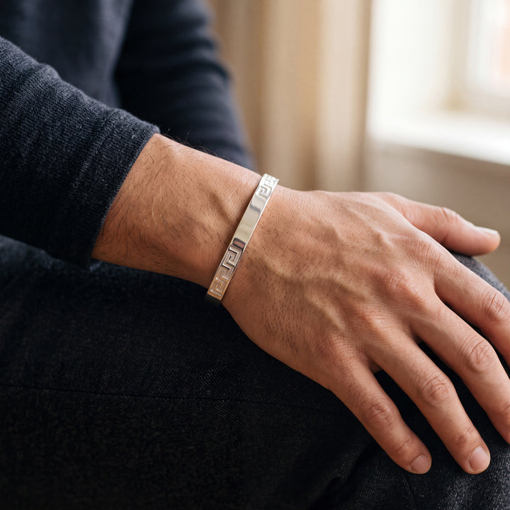 Sterling Silver Greek Key Engraved Solid Bangle with internal Diameter 68mm