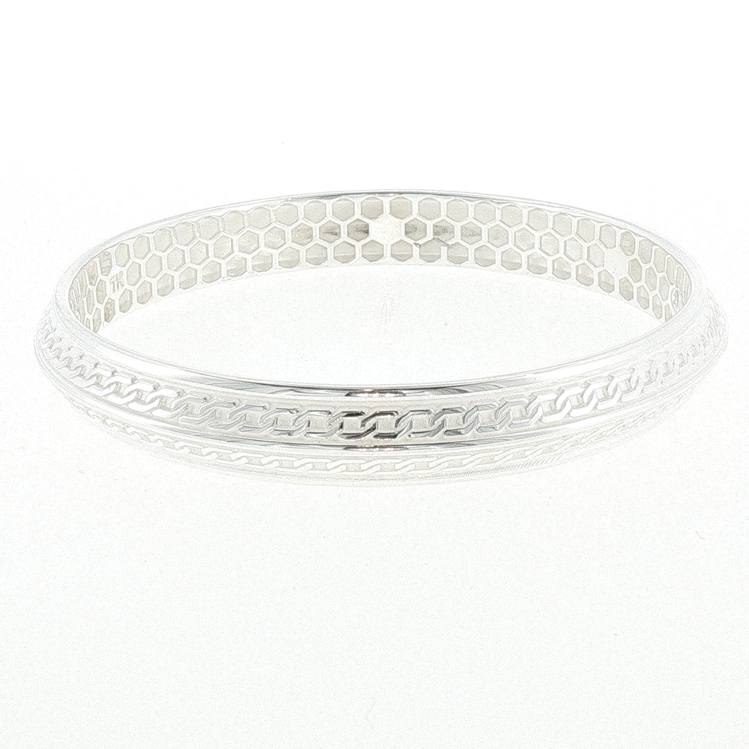 Sterling Silver Solid Chain Engraved Motif Bangle with internal Diameter 66mm