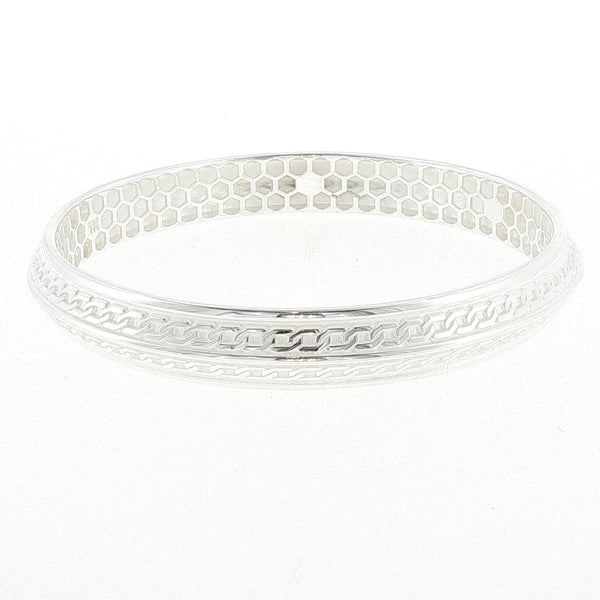 Sterling Silver Solid Chain Engraved Motif Bangle with internal Diameter 66mm