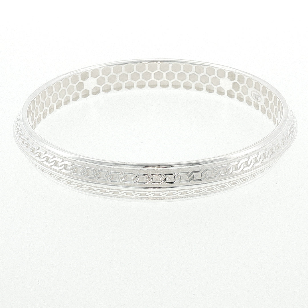 Sterling Silver Solid Chain Engraved Motif Bangle with internal Diameter 66mm