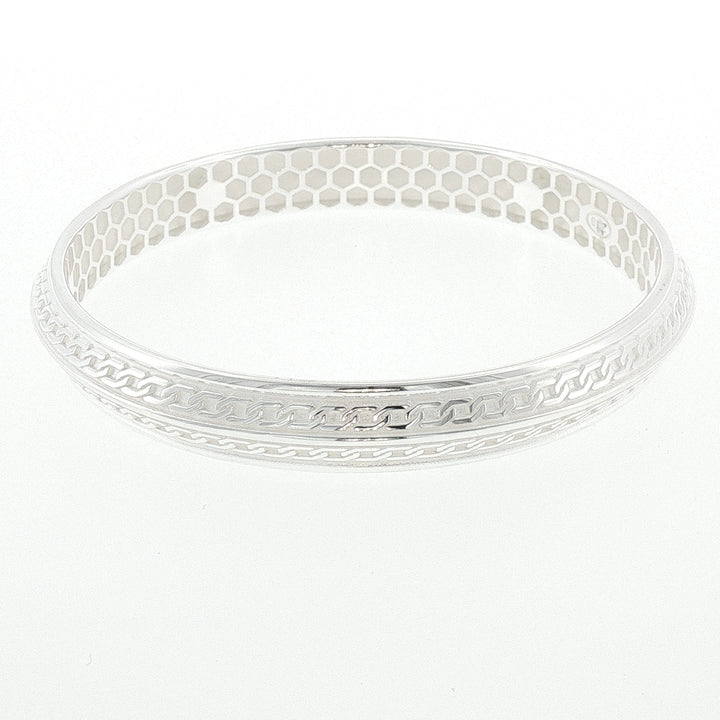 Sterling Silver Solid Chain Engraved Motif Bangle with internal Diameter 66mm