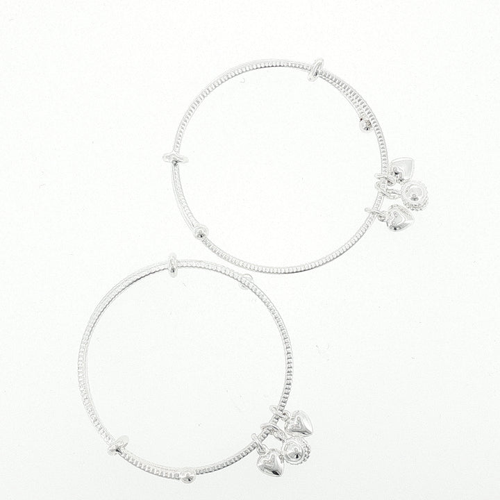 Sterling Silver Kids Adjustable Heart Charms Bangle with internal Diameter 45mm