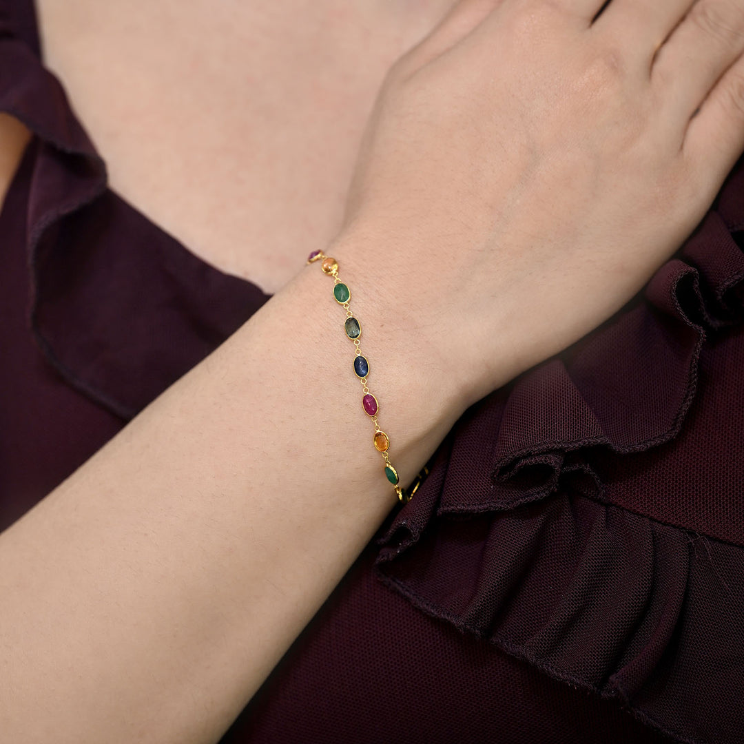 18K YG Oval Bracelet with Natural Blue sapphire, Ruby, Yellow sapphire Emerald and Green Shapphire
