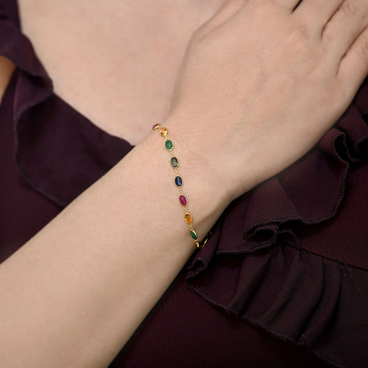 18K YG Oval Bracelet with Natural Blue sapphire, Ruby, Yellow sapphire Emerald and Green Shapphire