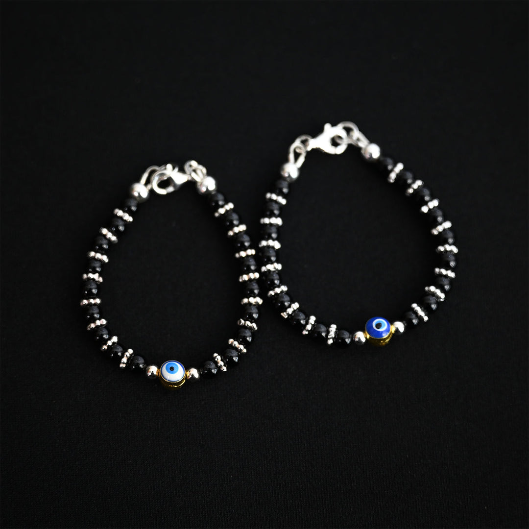 4mm Onyx Evil Eye Sterling Silver Bracelet-1pair