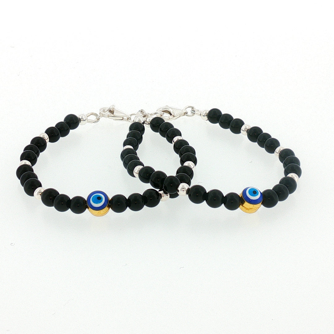 4mm Onyx Sterling Silver Kids Bracelet with Evil Eye-1pair