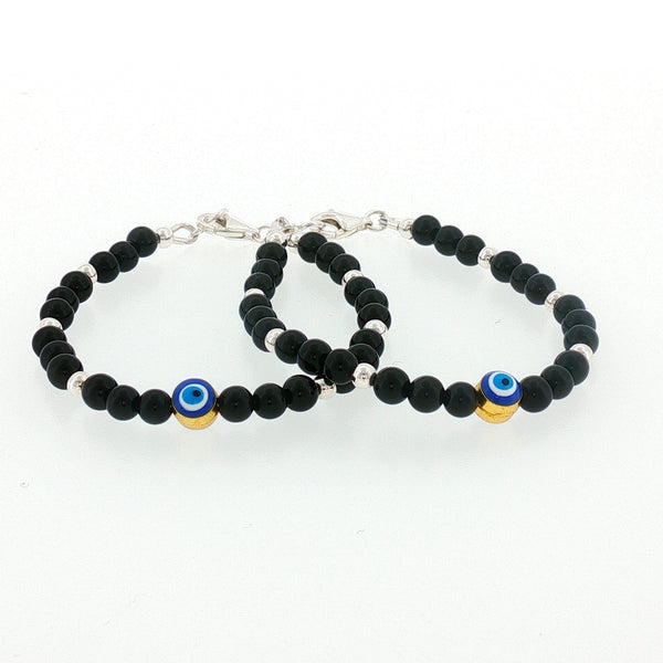 4mm Onyx Sterling Silver Kids Bracelet with Evil Eye-1pair