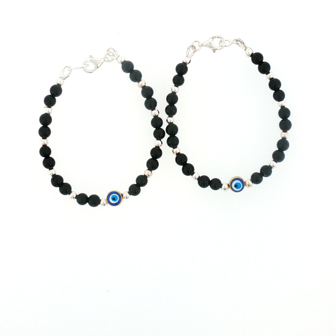 4mm Onyx Sterling Silver Kids Bracelet with Evil Eye-1pair