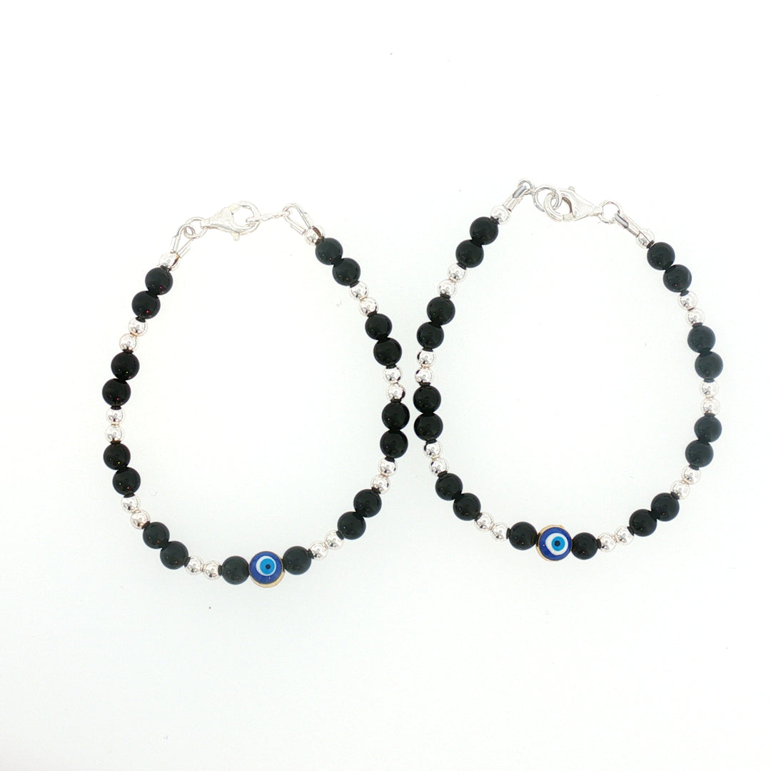 4mm Onyx Sterling Silver Kids Evil Eye Bracelet-15cm