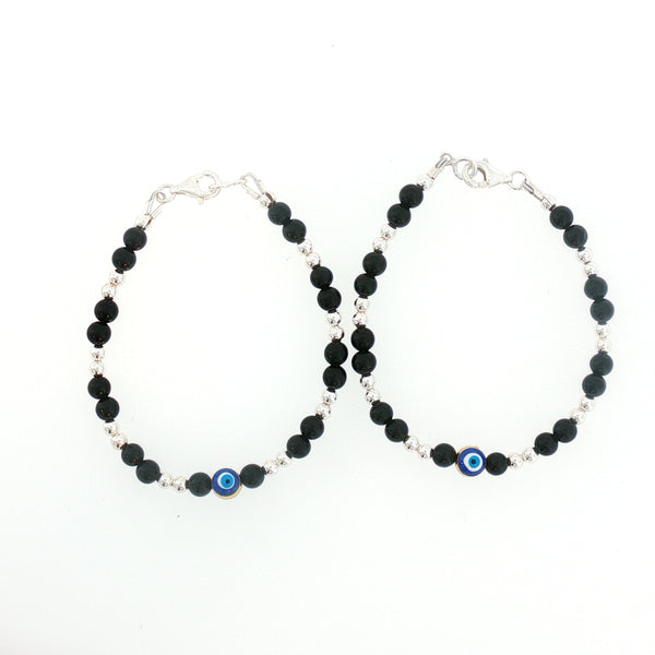 4mm Onyx Sterling Silver Kids Evil Eye Bracelet-15cm