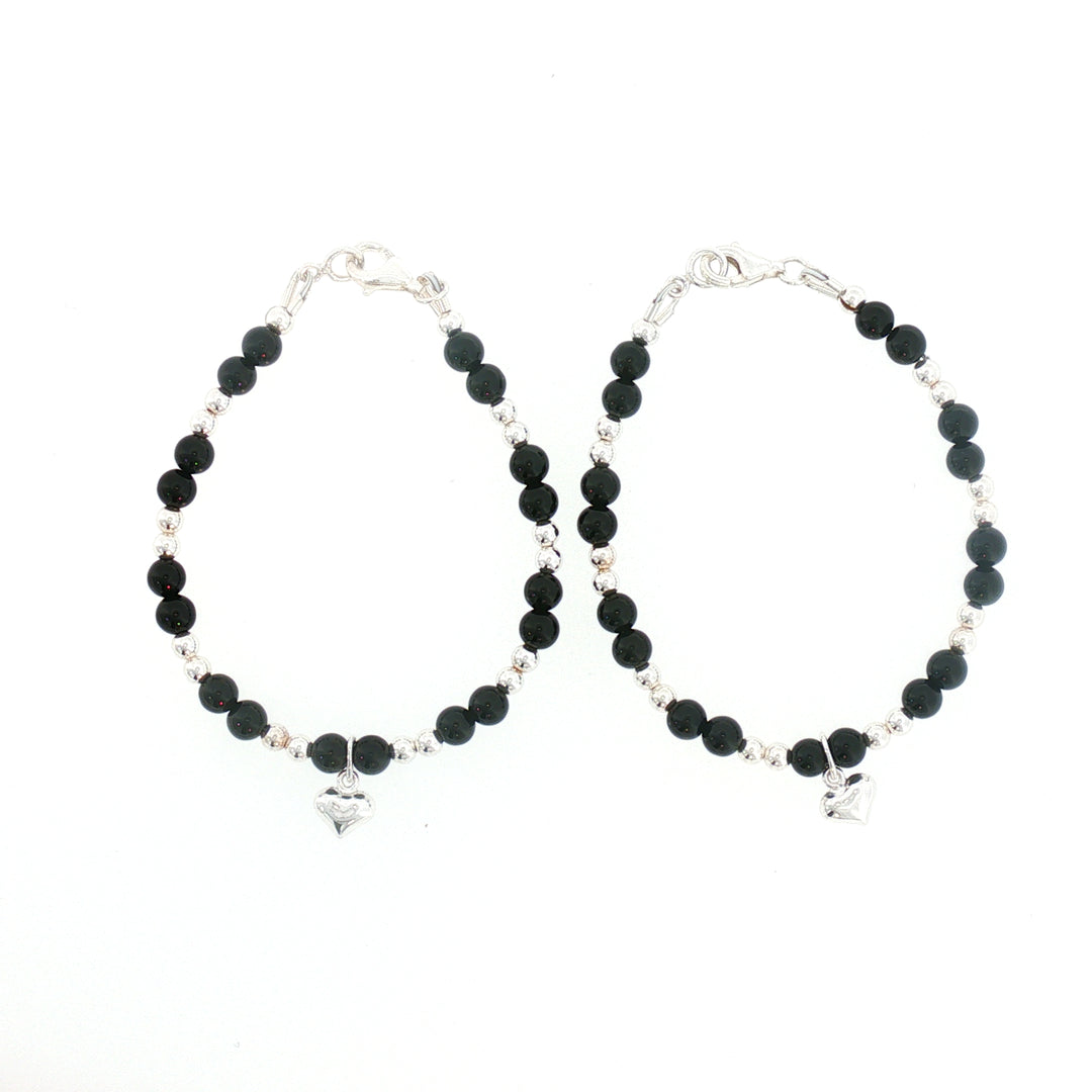 4mm Onyx Sterling Silver Heart Charm Kids Bracelet-14cm