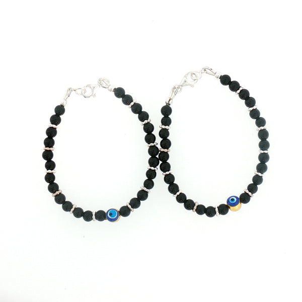 4mm Onyx Sterling Silver Evil Eye Kids Bracelet-14.8cm