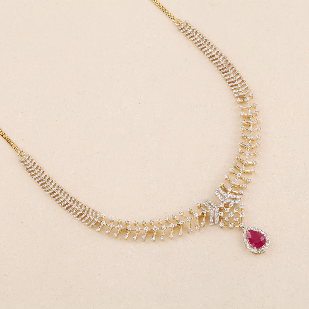 9K YG Princess Diamond, Ruby Necklace with 18K Chain-1pc