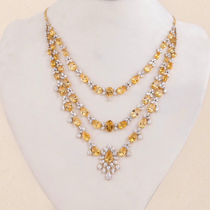 9K YG Princess Diamond, Yellow Sapphire Necklace with 18K Chain-1pc