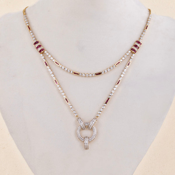 9K YG Princess Diamond, Ruby Necklace with 18K Chain-1pc
