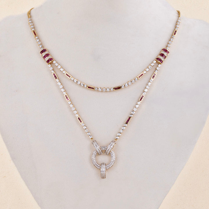 9K YG Princess Diamond, Ruby Necklace with 18K Chain-1pc