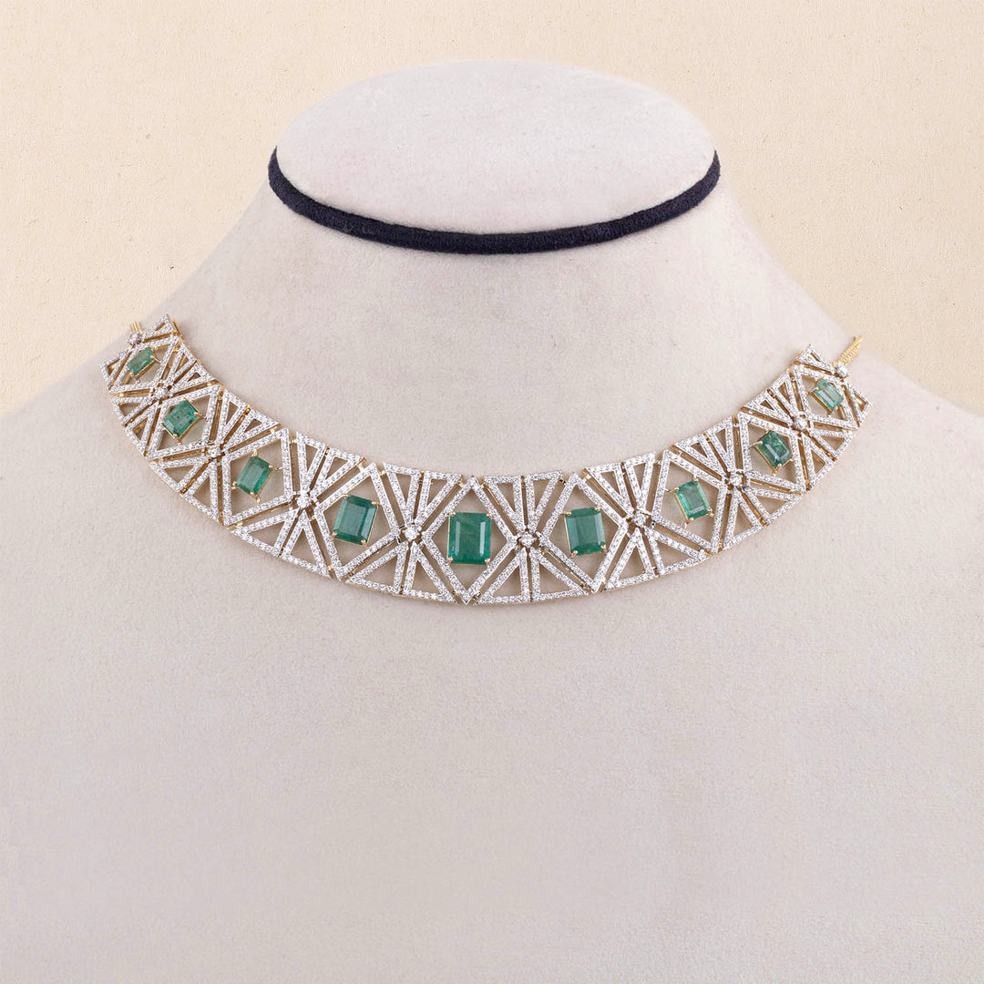 9K YG Princess Diamond, Emerald Necklace with 18K Chain-1pc