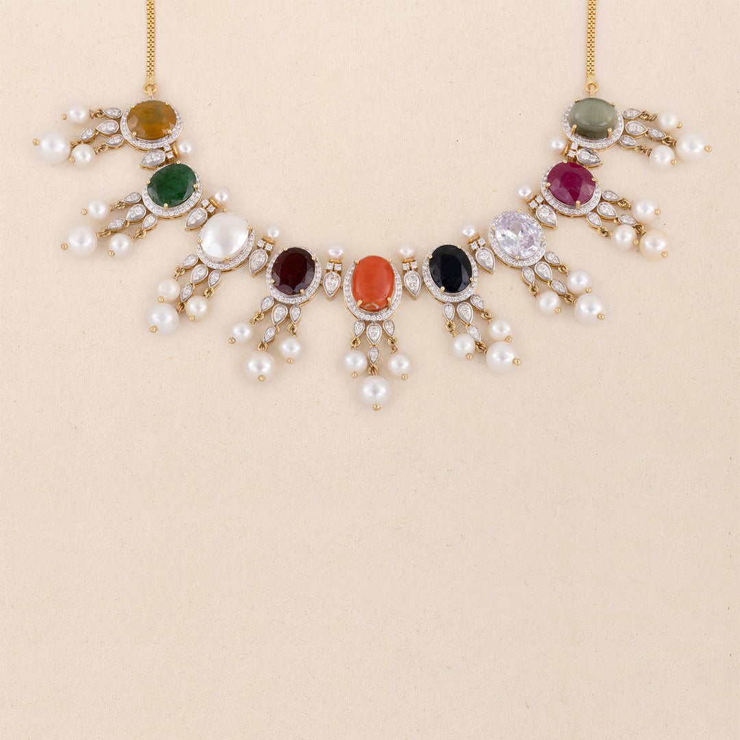 9K YG Princess Diamond, Navaratna, FWP Necklace with 18K Chain-1pc