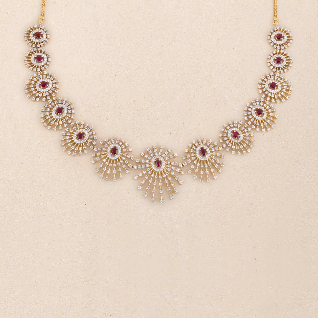 9K YG Princess Diamond, Ruby Necklace with 18K Chain-1pc